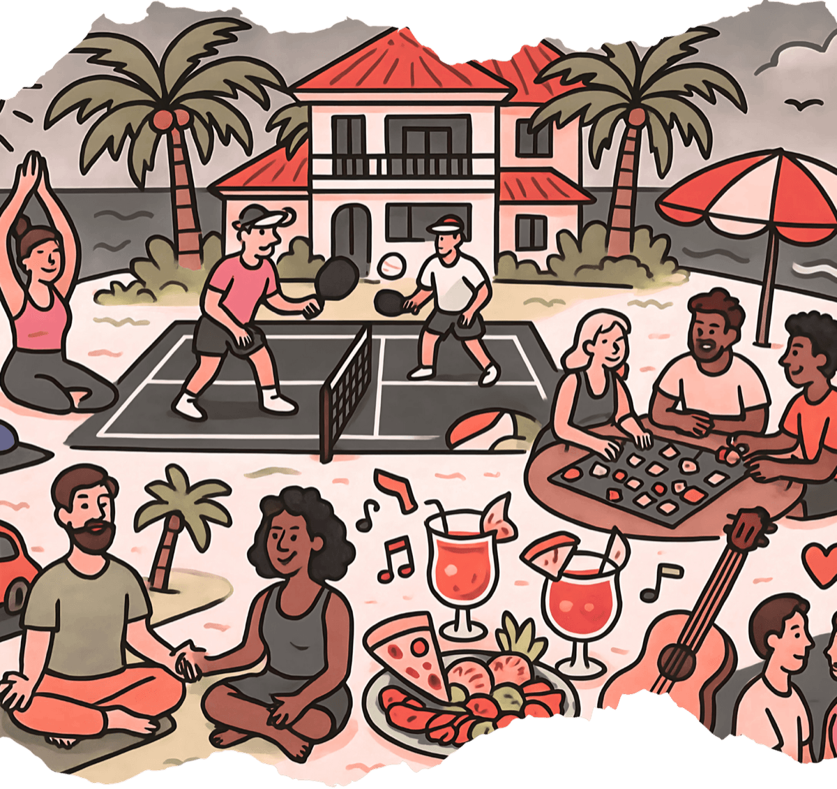 Illustration of a beach house getaway: pickleball on the sand, yoga, board games, drinks and guitar under the palms